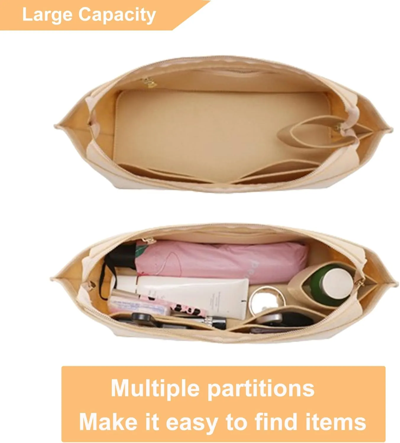 Doxo Purse Organizer Insert for Handbag and Tote Bag Suitable for Lv Neverfull MM/L.ongchamp GM Felt Tote Bag with Bottom Shaper, Beige with Lid, MM