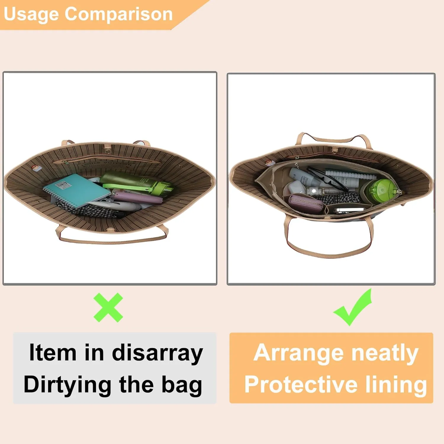 Doxo Purse Organizer Insert for Handbag and Tote Bag Suitable for Lv Neverfull MM/L.ongchamp GM Felt Tote Bag with Bottom Shaper, Beige with Lid, MM