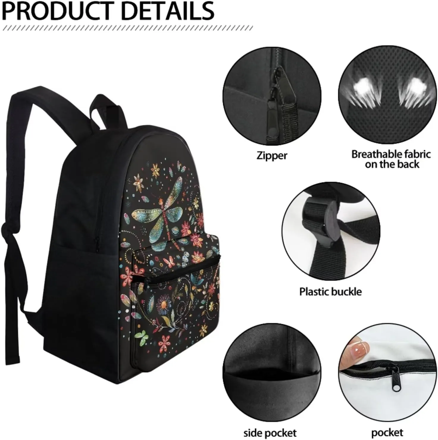 Dragonfly Flower Backpack for Teen Girls Middle School Bags Kids Bookbag With Lunch Box and Pencil Case Set 3 In 1 High Primary School Book Bags 5Th/6Th/7Th Grade Travel Shoulder Bagpack
