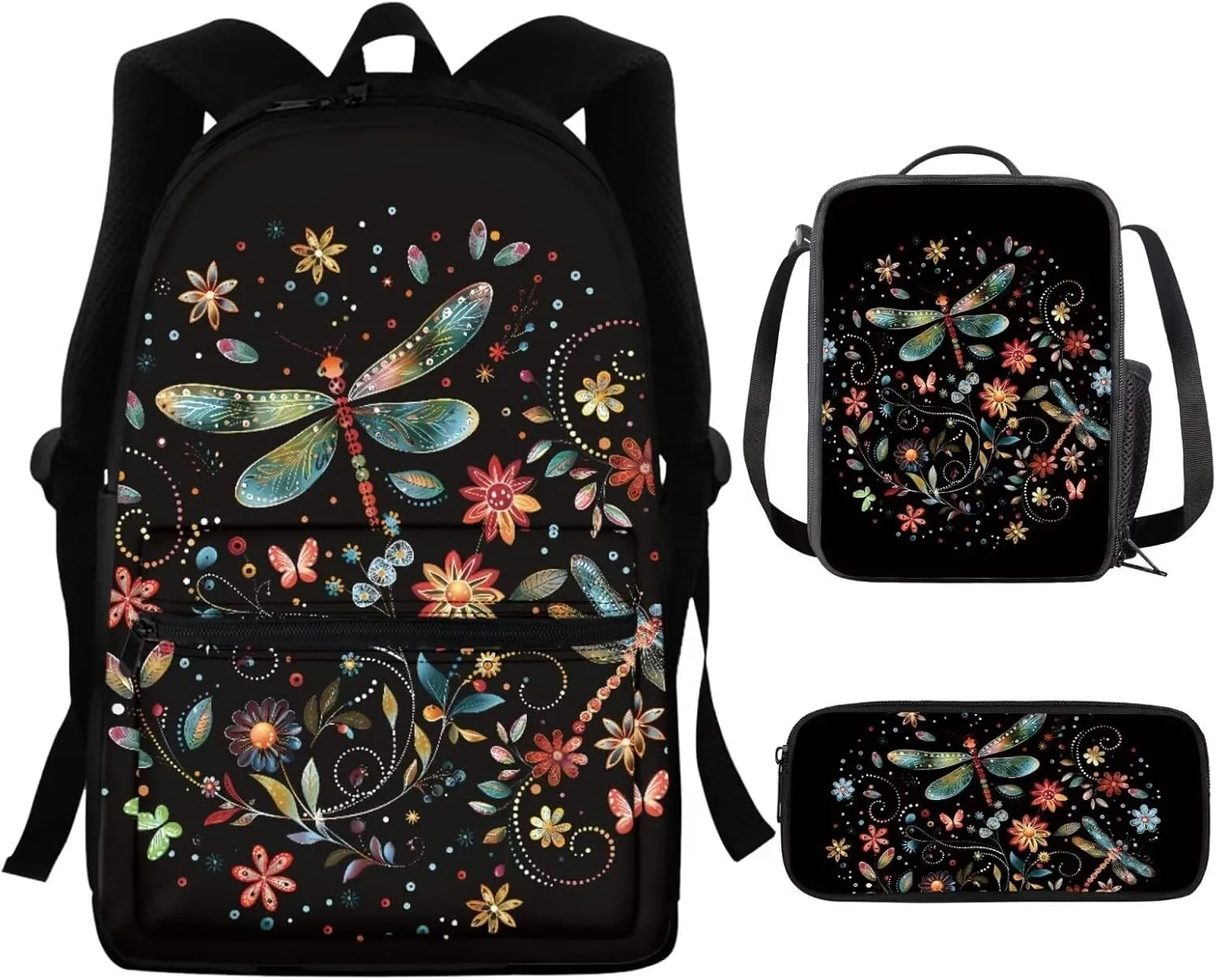 Dragonfly Flower Backpack for Teen Girls Middle School Bags Kids Bookbag With Lunch Box and Pencil Case Set 3 In 1 High Primary School Book Bags 5Th/6Th/7Th Grade Travel Shoulder Bagpack