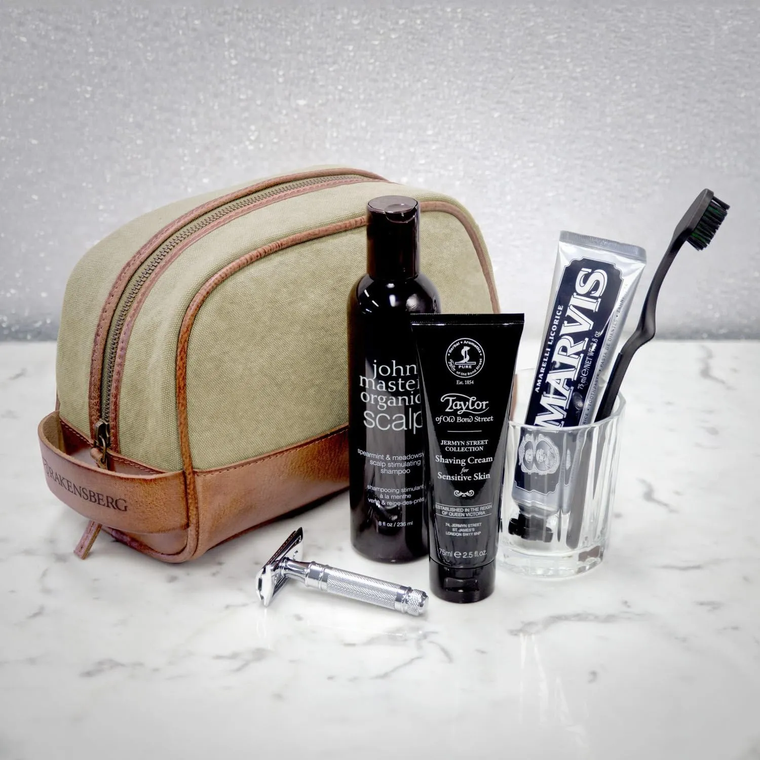 DRAKENSBERG Dopp Kit 'Glen' - classic toiletry bag and kit, cosmetic and toilet-bag, ladies, men, sustainably handmade, retro-vintage, 5L, canvas, leather, khaki-beige, brown, DR00167