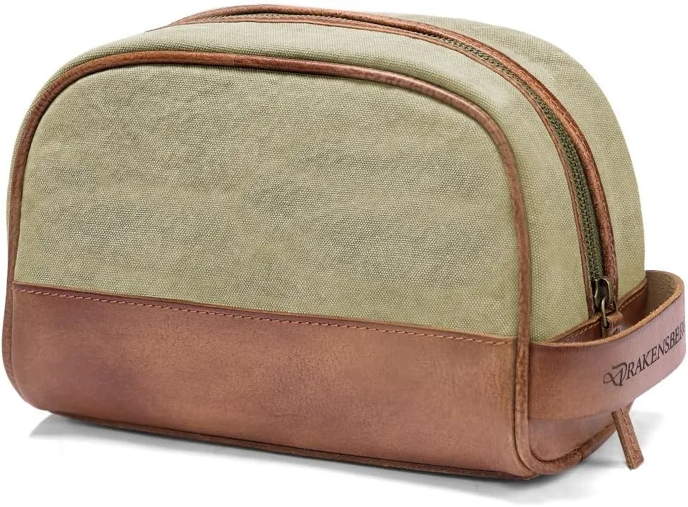 DRAKENSBERG Dopp Kit 'Glen' - classic toiletry bag and kit, cosmetic and toilet-bag, ladies, men, sustainably handmade, retro-vintage, 5L, canvas, leather, khaki-beige, brown, DR00167