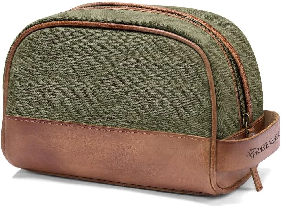 DRAKENSBERG Dopp Kit 'Glen' - classic toiletry bag and kit, cosmetic and toilet-bag, ladies, men, sustainably handmade, retro-vintage, 5L, canvas, leather, olive-green, DR00177