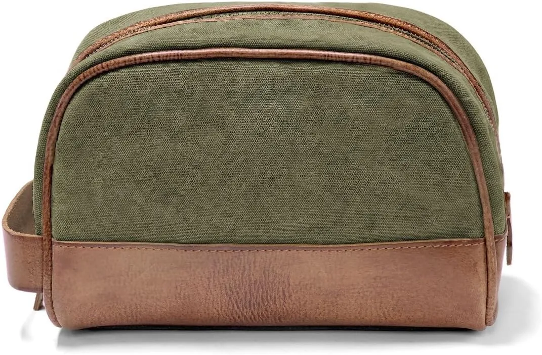 DRAKENSBERG Dopp Kit 'Glen' - classic toiletry bag and kit, cosmetic and toilet-bag, ladies, men, sustainably handmade, retro-vintage, 5L, canvas, leather, olive-green, DR00177
