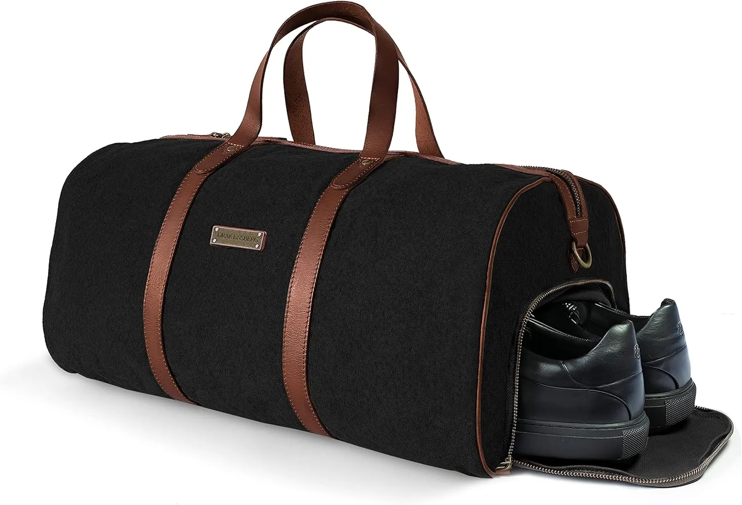 DRAKENSBERG Weekender 'Toby' - small duffle bag with shoe compartment and gym bag, suitable for carry-on luggage, ladies, men, sustainably handmade, canvas, leather, 40L, black, DR00145
