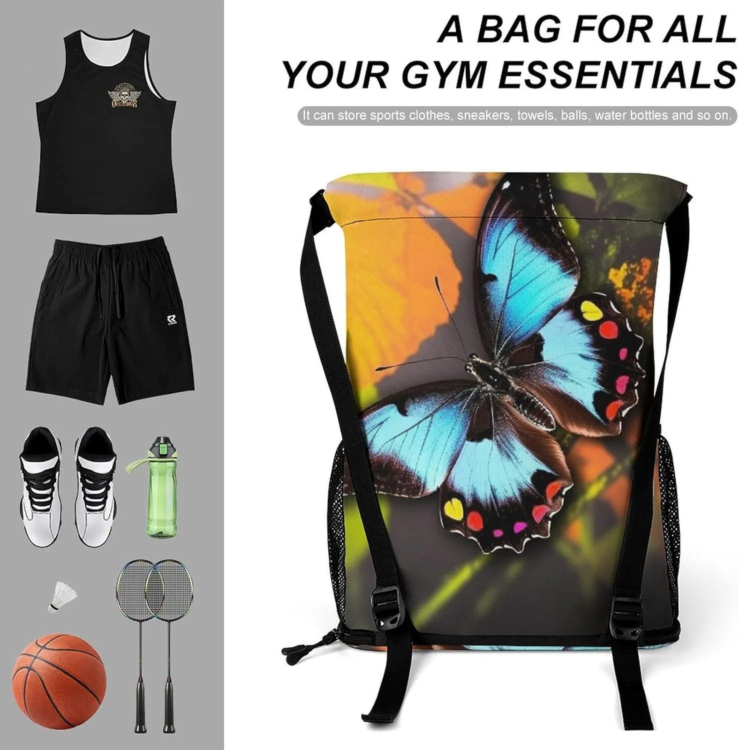 Drawstring Backpack for Beauty Animal Butterfly Gym Sports Drawstring Bag Swim String Bag with Side Pocket