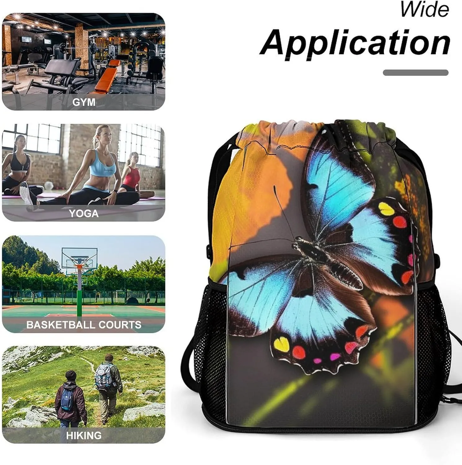 Drawstring Backpack for Beauty Animal Butterfly Gym Sports Drawstring Bag Swim String Bag with Side Pocket
