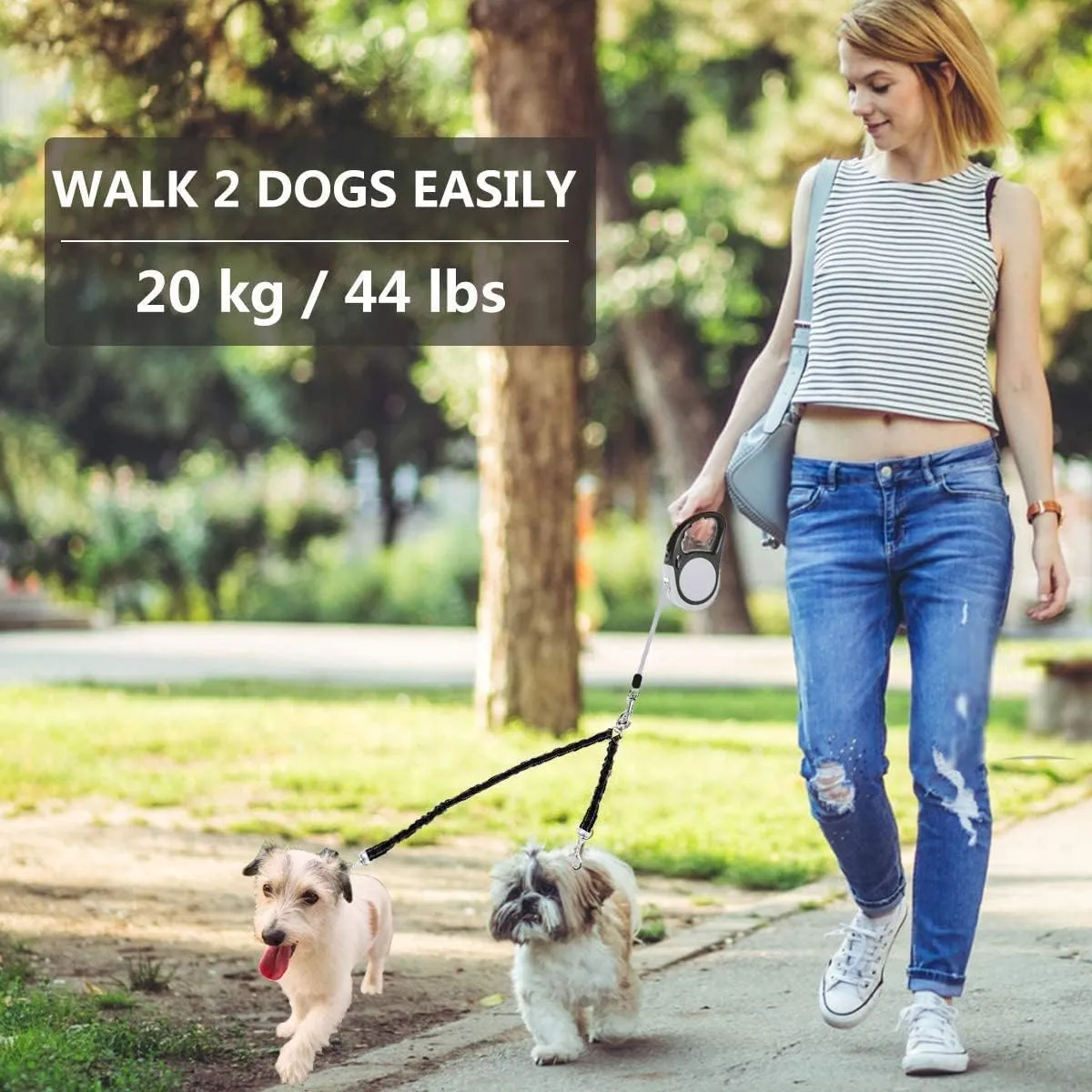 Dual Retractable Dog Leash Small Breed (Up to 44 Lbs Each) - Double Headed 16 ft Extendable Pet Leash with Poop Bags, Non Slip Grip - One Button Break & Lock, 360° Tangle-Free (Blue, Medium)