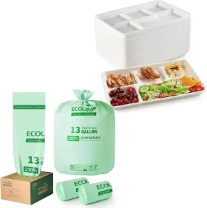 ECOLipak 100 Pack Compostable Disposable 5 Compartment Plates and 100 Count (2 Rolls) 13 Gallon Compostable Trash Bags