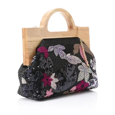Elegant Sequined Floral  Clutch-shoulder bag for Women - Black