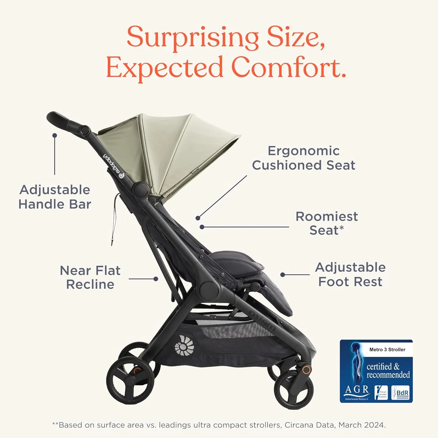 Ergobaby Metro 3 All in One Compact Baby Stroller, Lightweight Travel Stroller, Easy One-Hand Fold for Overhead Airplane Storage (Carries up to 50 lbs), Car Seat Compatible, Natural Beige