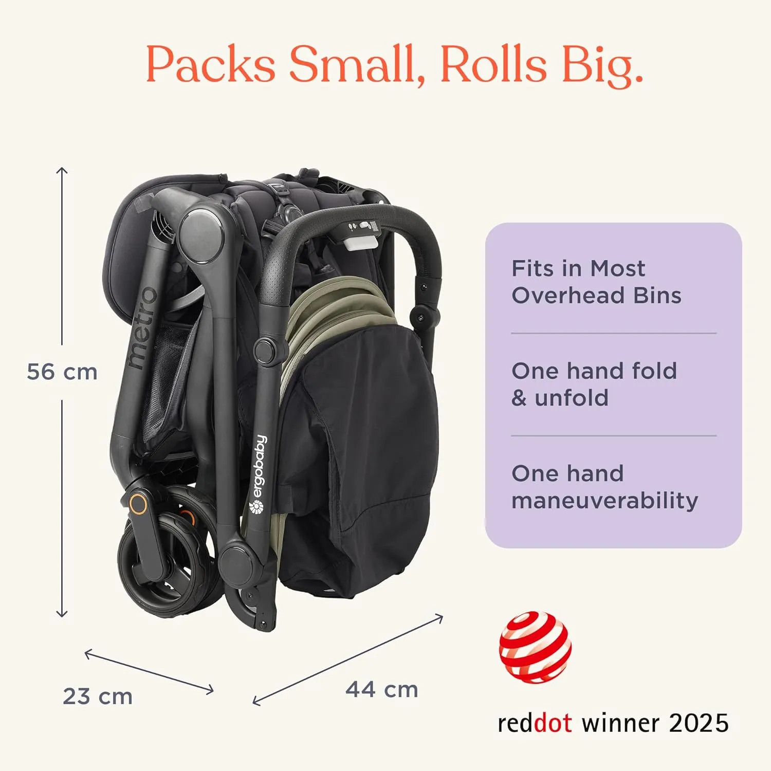 Ergobaby Metro 3 All in One Compact Baby Stroller, Lightweight Travel Stroller, Easy One-Hand Fold for Overhead Airplane Storage (Carries up to 50 lbs), Car Seat Compatible, Natural Beige