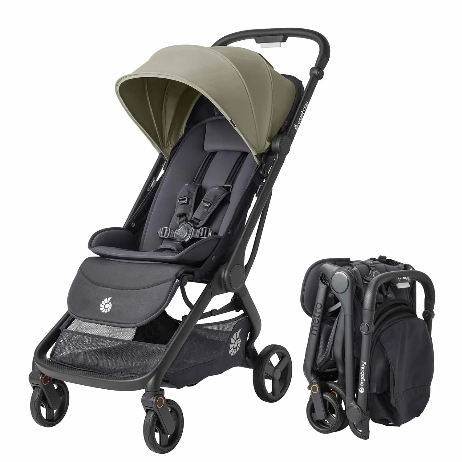 Ergobaby Metro 3 All in One Compact Baby Stroller, Lightweight Travel Stroller, Easy One-Hand Fold for Overhead Airplane Storage (Carries up to 50 lbs), Car Seat Compatible, Soft Olive