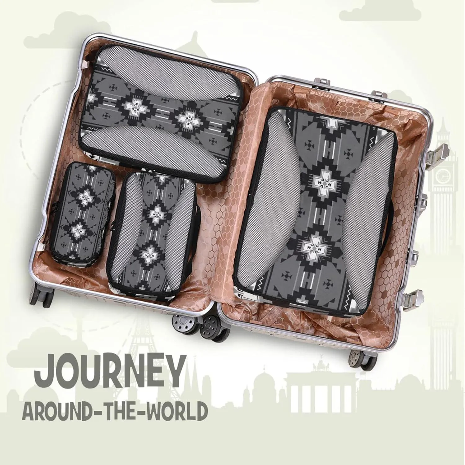 Ethnic Native Southwest American, Tribal Indian Aztec Textiles 4 Set Packing Cubes, Travel Packing Organizers, 600D Oxford Cloth Toiletry Storage Bag, Luggage Mesh Bags for Accessories