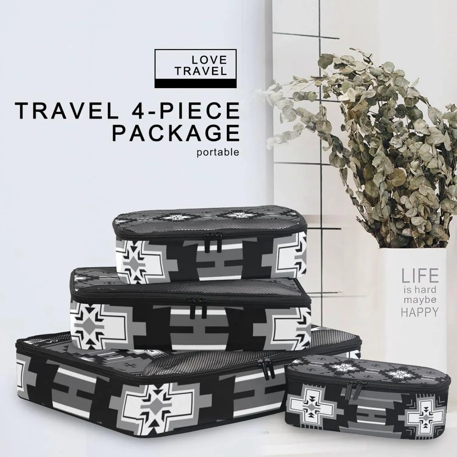 Ethnic Native Southwest American, Tribal Indian Aztec Textiles 4 Set Packing Cubes, Travel Packing Organizers, 600D Oxford Cloth Toiletry Storage Bag, Luggage Mesh Bags for Accessories