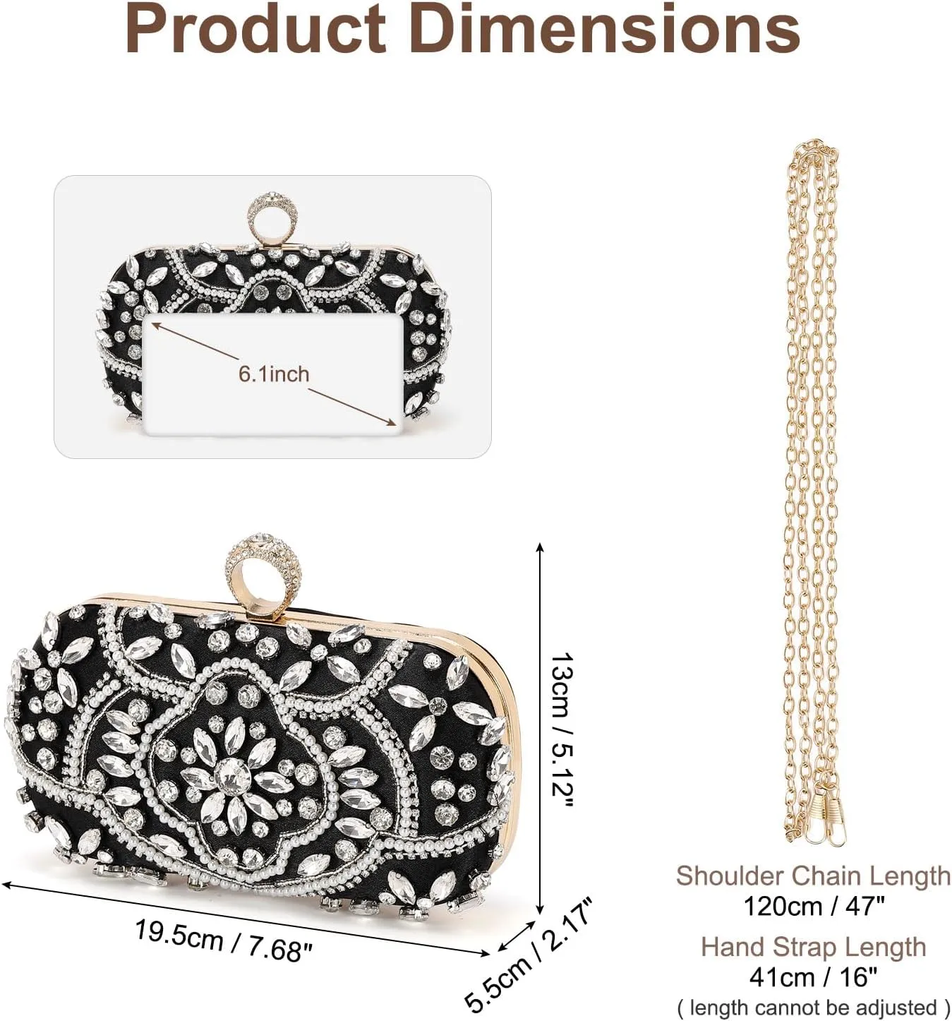 Evening Bags Clutch Purses for Women Formal, Beaded Clutch Rhinestone Handbags Shoulder Bag with Chain Sparkly for Wedding Bride Guest Party Black