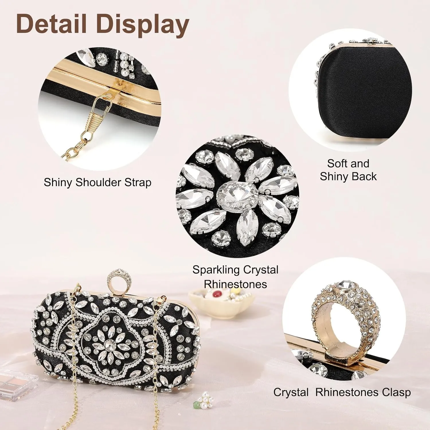 Evening Bags Clutch Purses for Women Formal, Beaded Clutch Rhinestone Handbags Shoulder Bag with Chain Sparkly for Wedding Bride Guest Party Black
