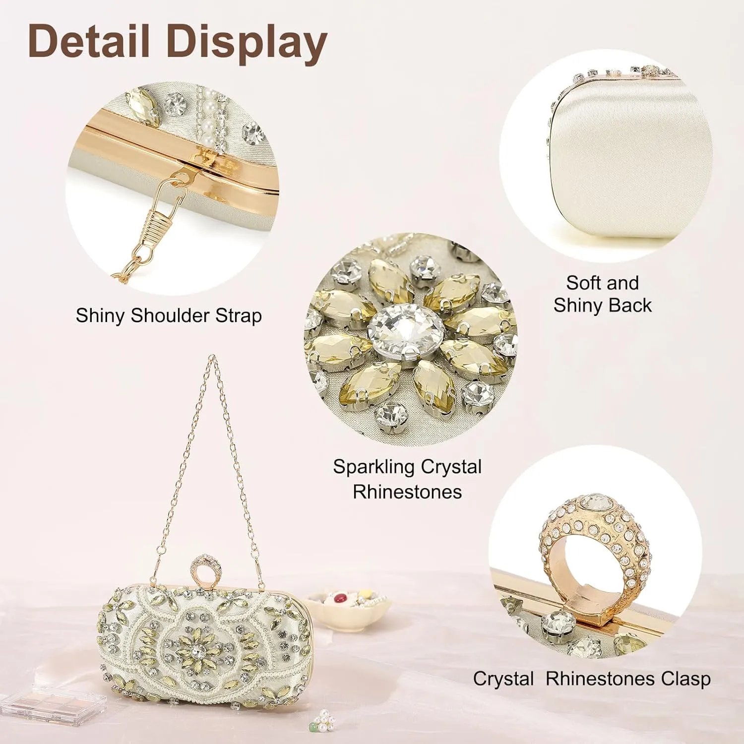 Evening Bags Clutch Purses for Women Formal, Beaded Clutch Rhinestone Handbags Shoulder Bag with Chain Sparkly for Wedding Bride Guest Party Gold