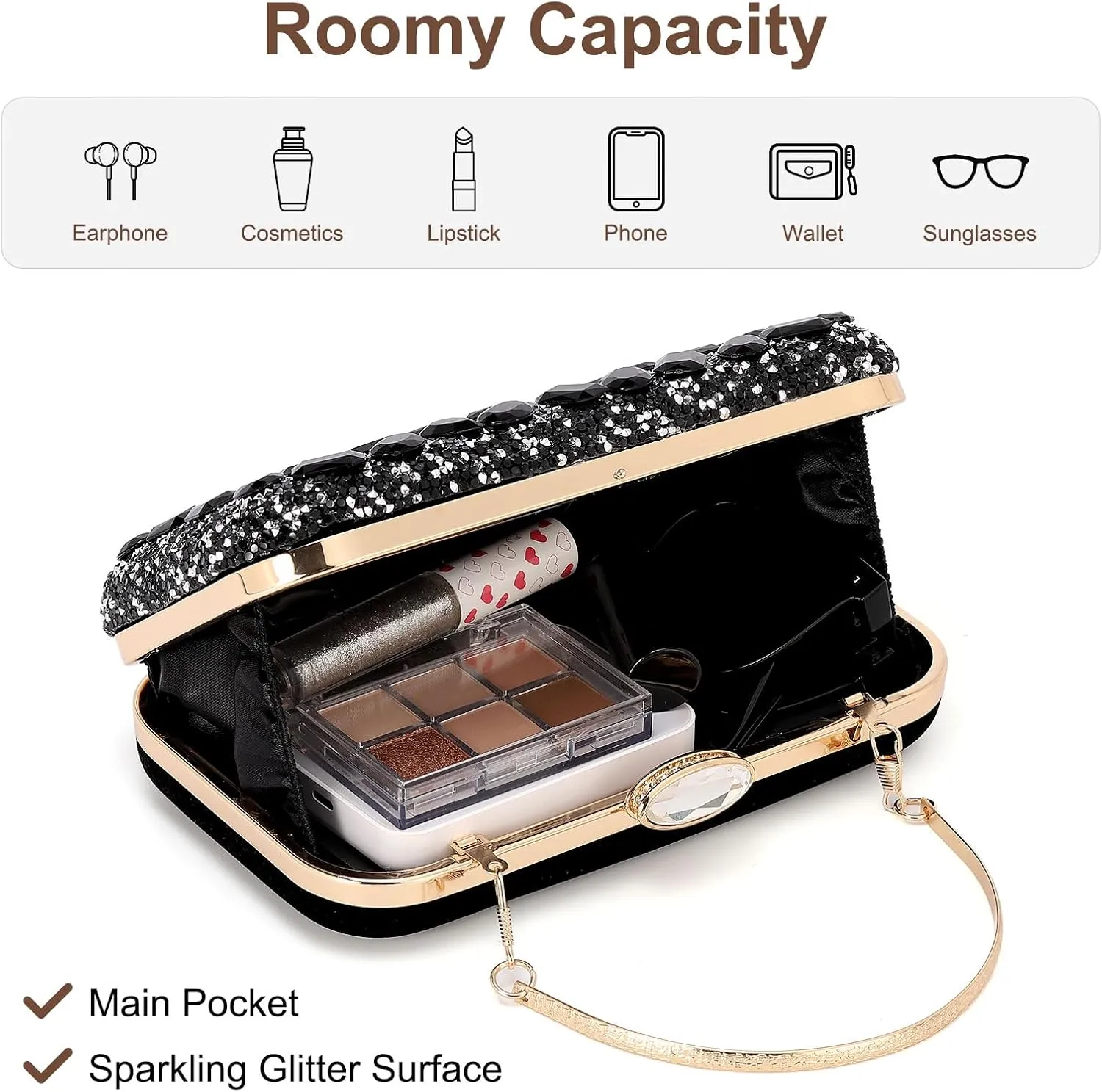 Evening Bags Clutch Purses for Women Formal, Gemstone Handbag Crystal Rhinestone Crossbody Square Bag with Chain Shoulder Bag Sparkly for Wedding Guest Party Black