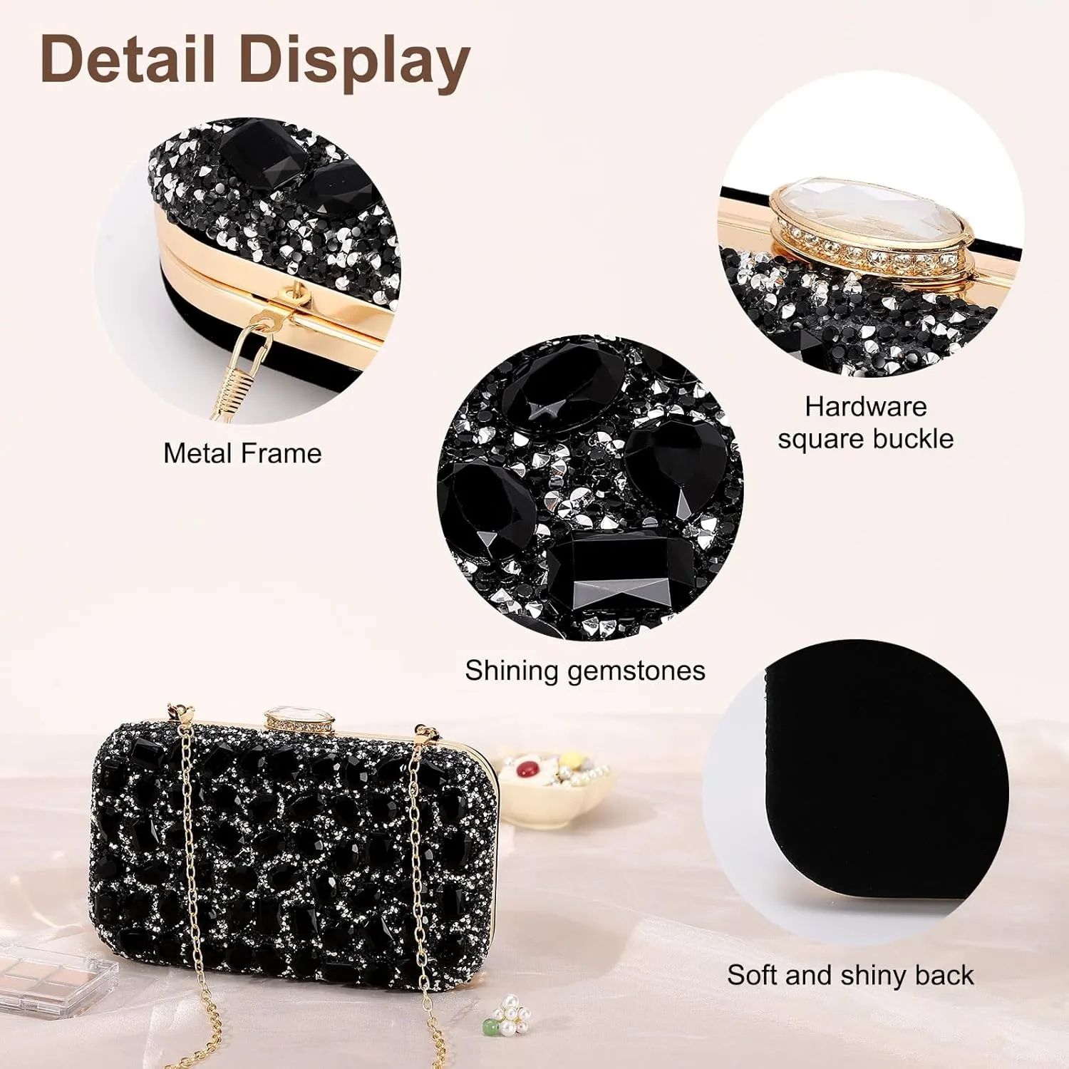 Evening Bags Clutch Purses for Women Formal, Gemstone Handbag Crystal Rhinestone Crossbody Square Bag with Chain Shoulder Bag Sparkly for Wedding Guest Party Black