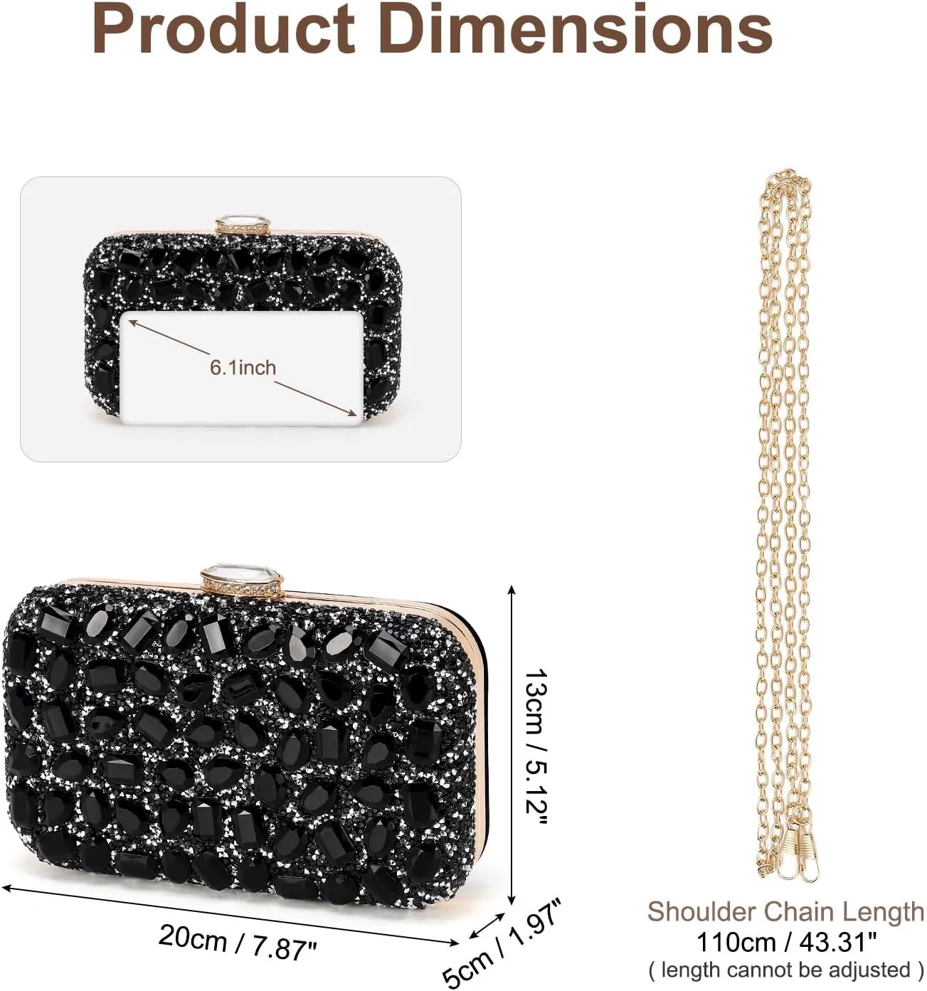 Evening Bags Clutch Purses for Women Formal, Gemstone Handbag Crystal Rhinestone Crossbody Square Bag with Chain Shoulder Bag Sparkly for Wedding Guest Party Black