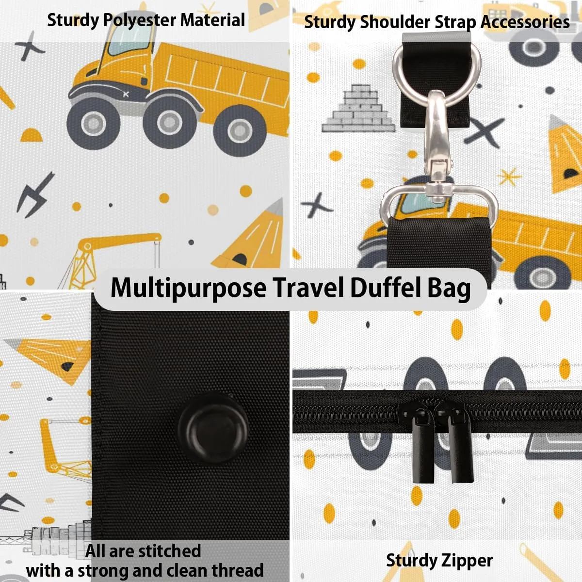 Excavator Truck Car Travel Duffle Bag for Women Men Gym Duffel Foldable Bag Waterproof Weekender Yellow Excavator Tractor Duffle Tote