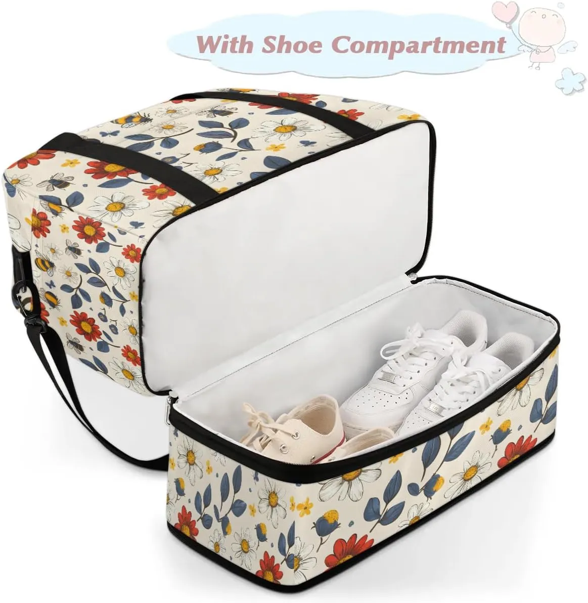 Exquisite Flower Colorful Printing Travel Duffle Bag, Collapsible Travel Bag Sports Gym Bag With Shoes Compartment Weekender Bag Overnight Bag For Women Men