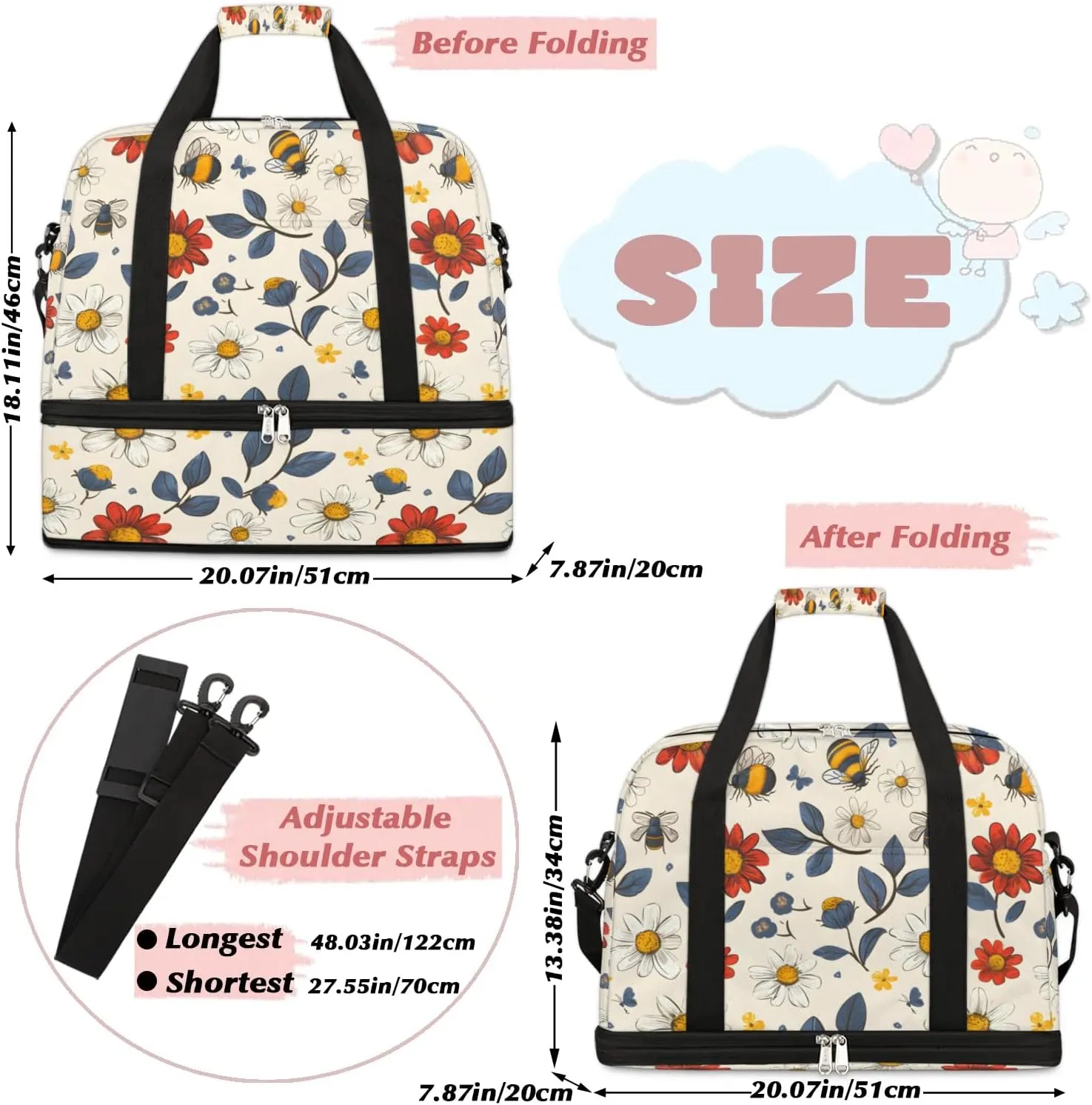 Exquisite Flower Colorful Printing Travel Duffle Bag, Collapsible Travel Bag Sports Gym Bag With Shoes Compartment Weekender Bag Overnight Bag For Women Men