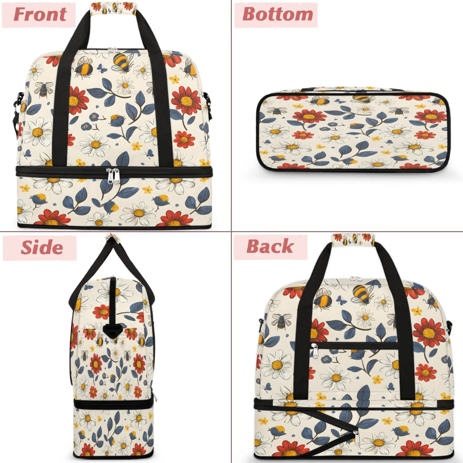 Exquisite Flower Colorful Printing Travel Duffle Bag, Collapsible Travel Bag Sports Gym Bag With Shoes Compartment Weekender Bag Overnight Bag For Women Men