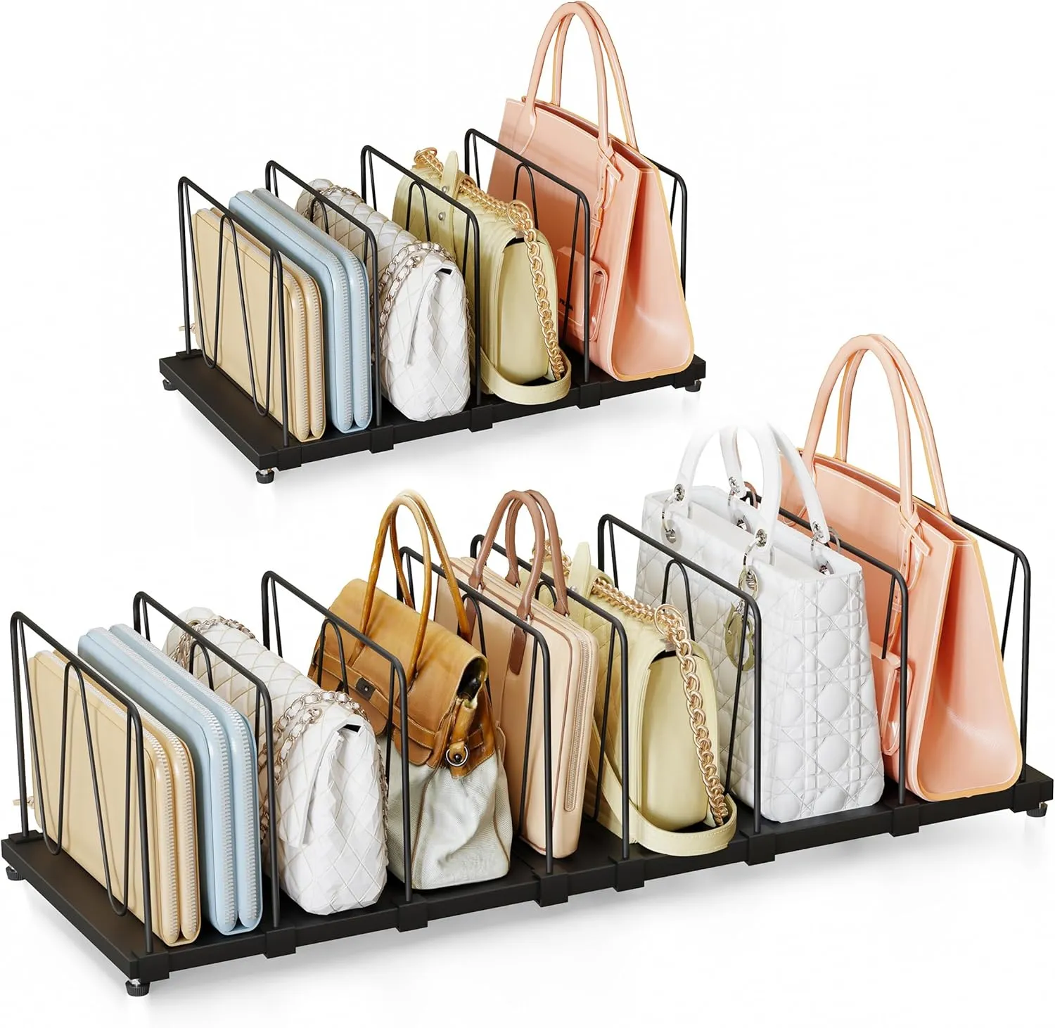 Extendable Purse Organizers Purse Storage. Length 16-28 in. Bag Organizer Purse Holder for Closet With 8 Adjustable Shelf Dividers, Black, Patent Pending