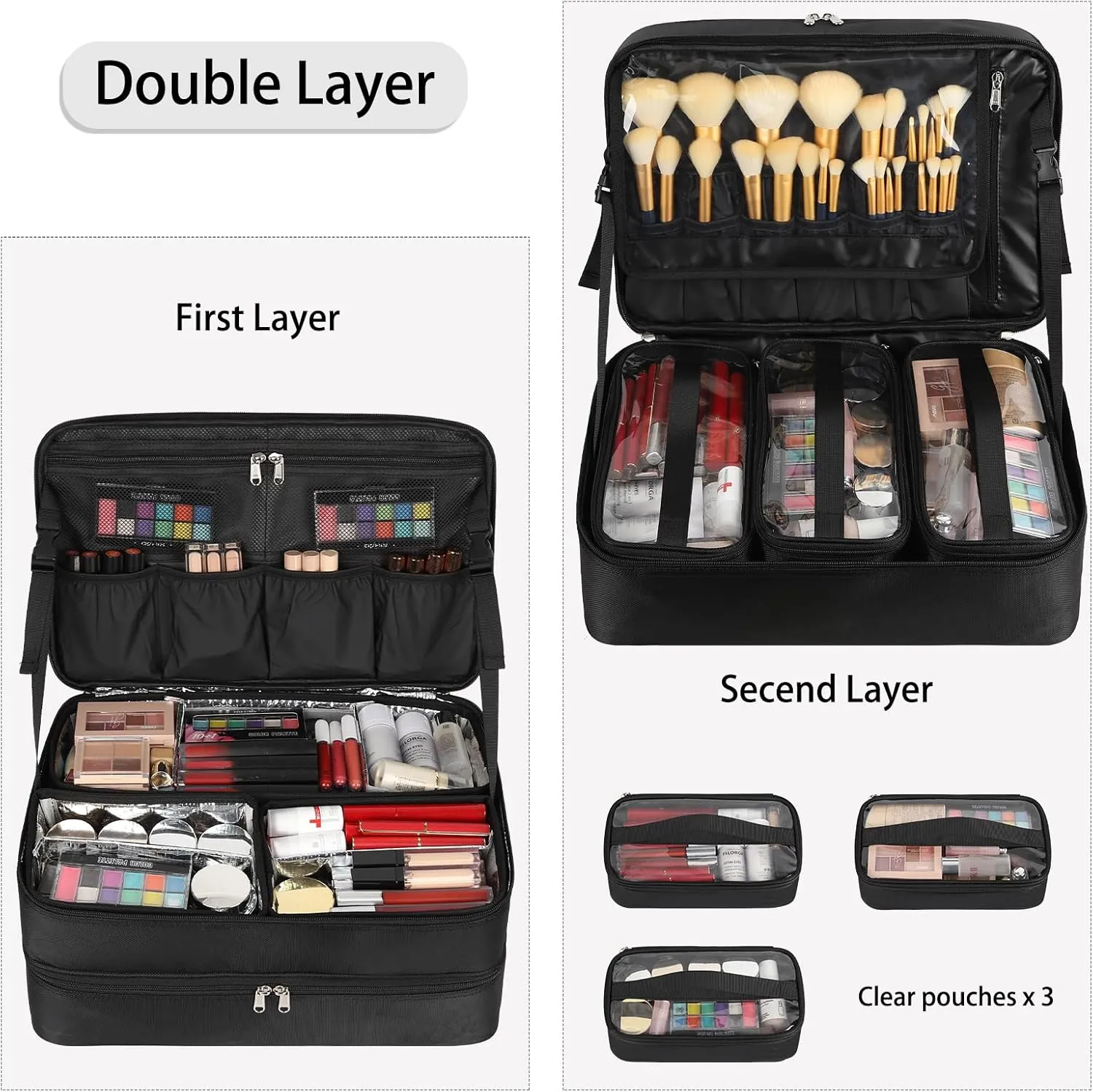 Extra Large Makeup Case, Professional Makeup Train Case for Makeup Artist Traveling Organizer, Double Layer XL Cosmetic Travel Case for Cosmetology with 3 Detachable compartments and 3 Makeup Bags