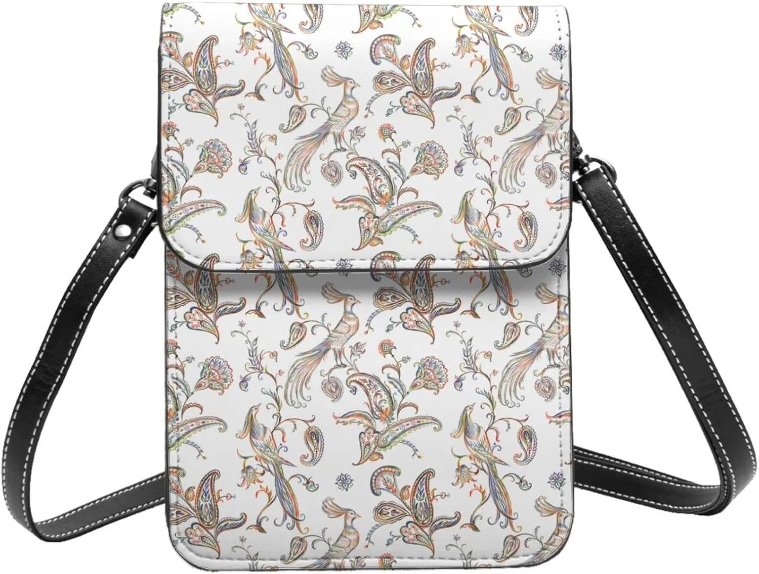 fabulous birds and paisley Oriental white Crossbody Cell Phone Purse for Women Girls Leather Mini Cross Body Bags Small Shoulder Bags
