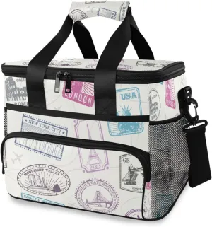 Famous-world-monuments-pattern Large Insulated Lunch Bag for Women Men, Wide Opening Reusable Lunch Box for Office Picnic Hiking Beach, Leakproof Cooler Tote Bag with Adjustable Shoulder Strap for Adu
