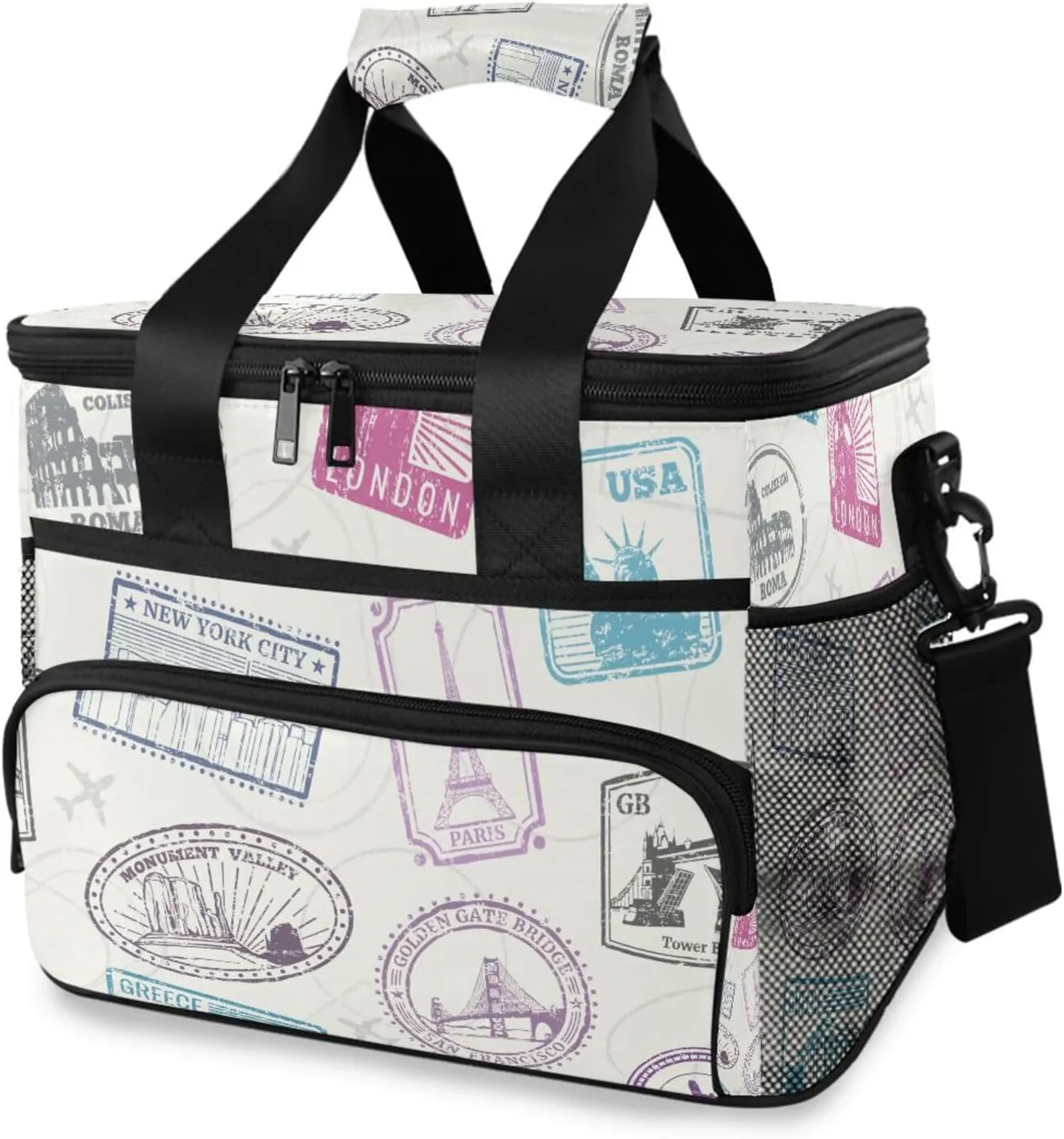Famous-world-monuments-pattern Large Insulated Lunch Bag for Women Men, Wide Opening Reusable Lunch Box for Office Picnic Hiking Beach, Leakproof Cooler Tote Bag with Adjustable Shoulder Strap for Adu