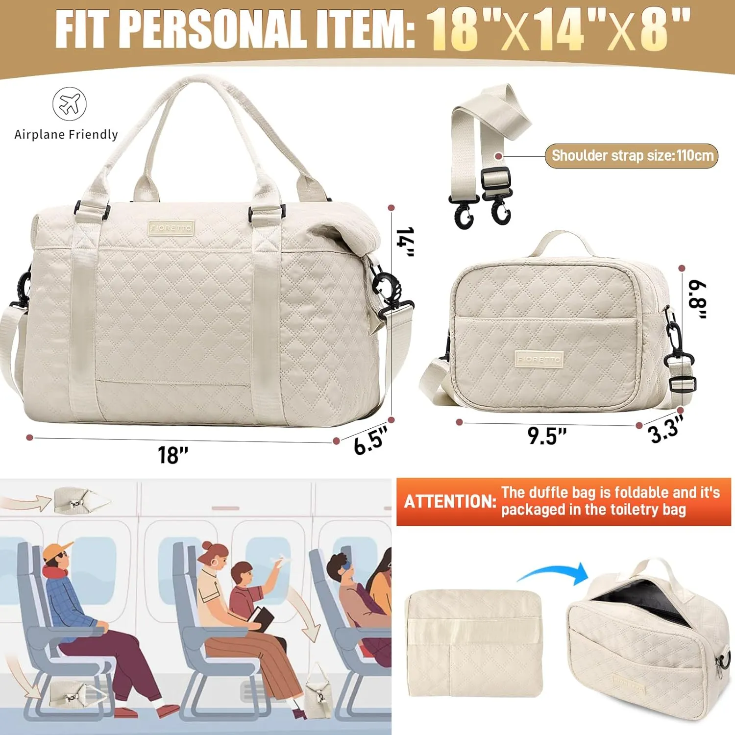FIORETTO Women's Gym Duffle Bag with Shoes Compartment, 37L Capacity, Ideal for Travel, Gym, Sports, Duffel, Weekender