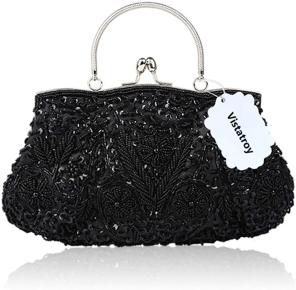 Floral Designer Evening Bag Beaded Sequin Design Vintage Kissing Lock Satin Clutch Purse Bag Wedding Party Clutch