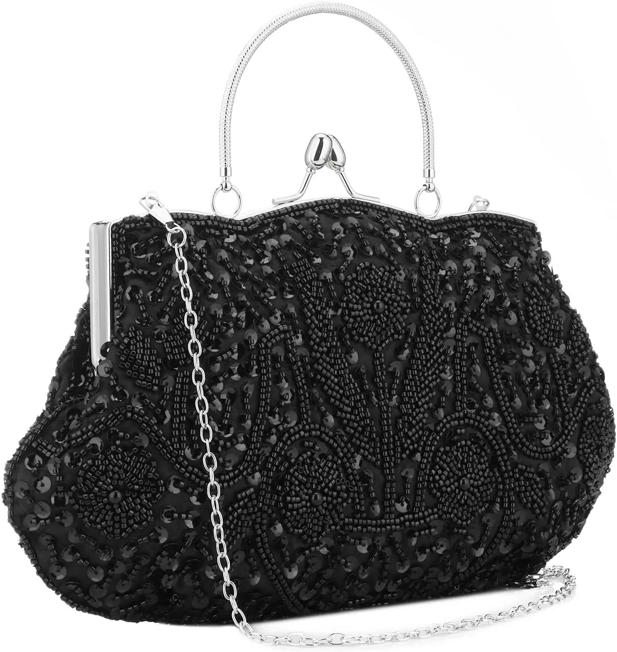 Floral Designer Evening Bag Beaded Sequin Design Vintage Kissing Lock Satin Clutch Purse Bag Wedding Party Clutch