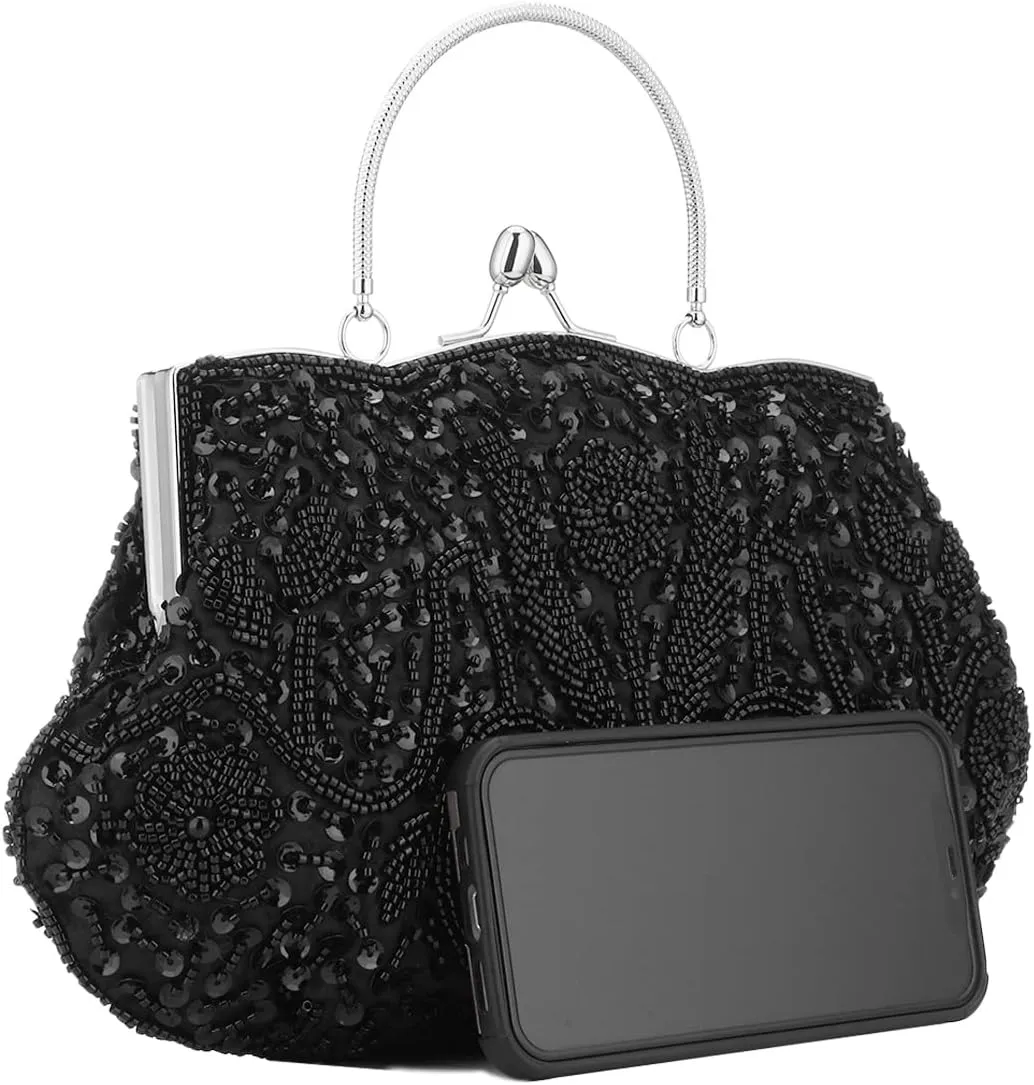 Floral Designer Evening Bag Beaded Sequin Design Vintage Kissing Lock Satin Clutch Purse Bag Wedding Party Clutch