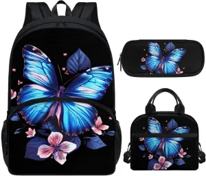Flower Butterfly Backpack and Lunch Bag Set for Girls Ages 8-12 Boys Bookbag with Lunch Box Pencil Case Set 3 In 1 Middle School Bag 17inch Children Book Bags 3Rd Grade/6Th Grade