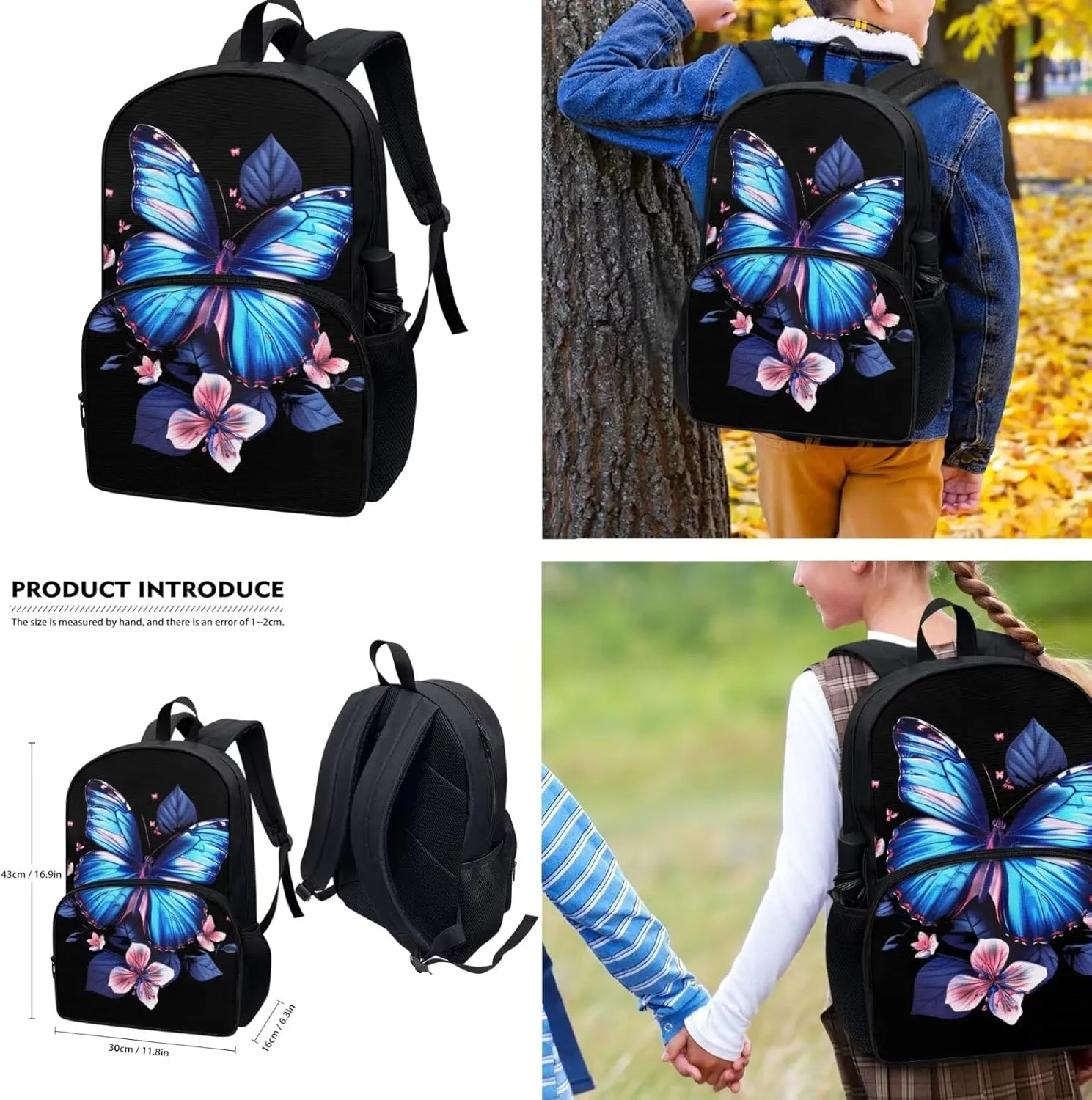 Flower Butterfly Backpack and Lunch Bag Set for Girls Ages 8-12 Boys Bookbag with Lunch Box Pencil Case Set 3 In 1 Middle School Bag 17inch Children Book Bags 3Rd Grade/6Th Grade