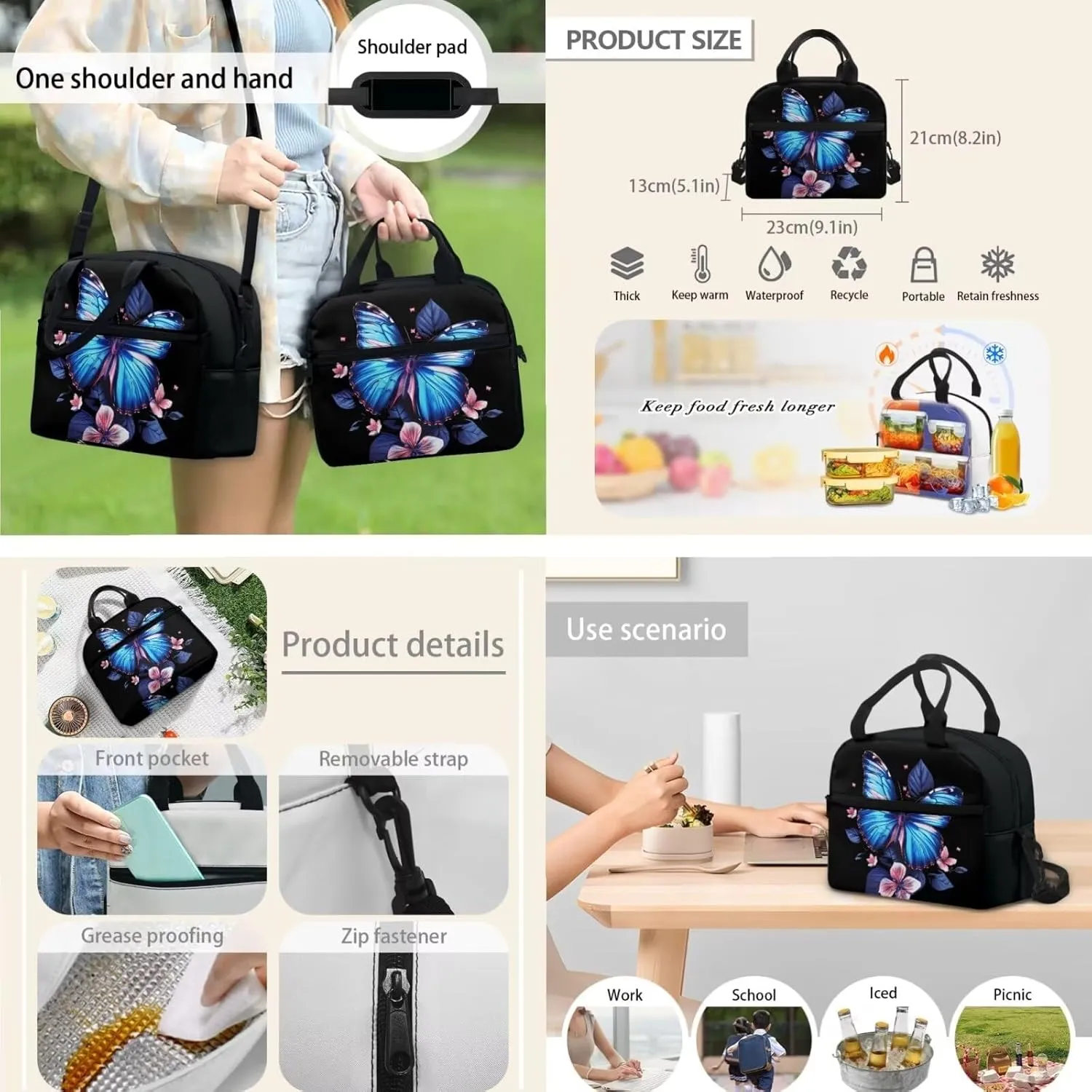 Flower Butterfly Backpack and Lunch Bag Set for Girls Ages 8-12 Boys Bookbag with Lunch Box Pencil Case Set 3 In 1 Middle School Bag 17inch Children Book Bags 3Rd Grade/6Th Grade