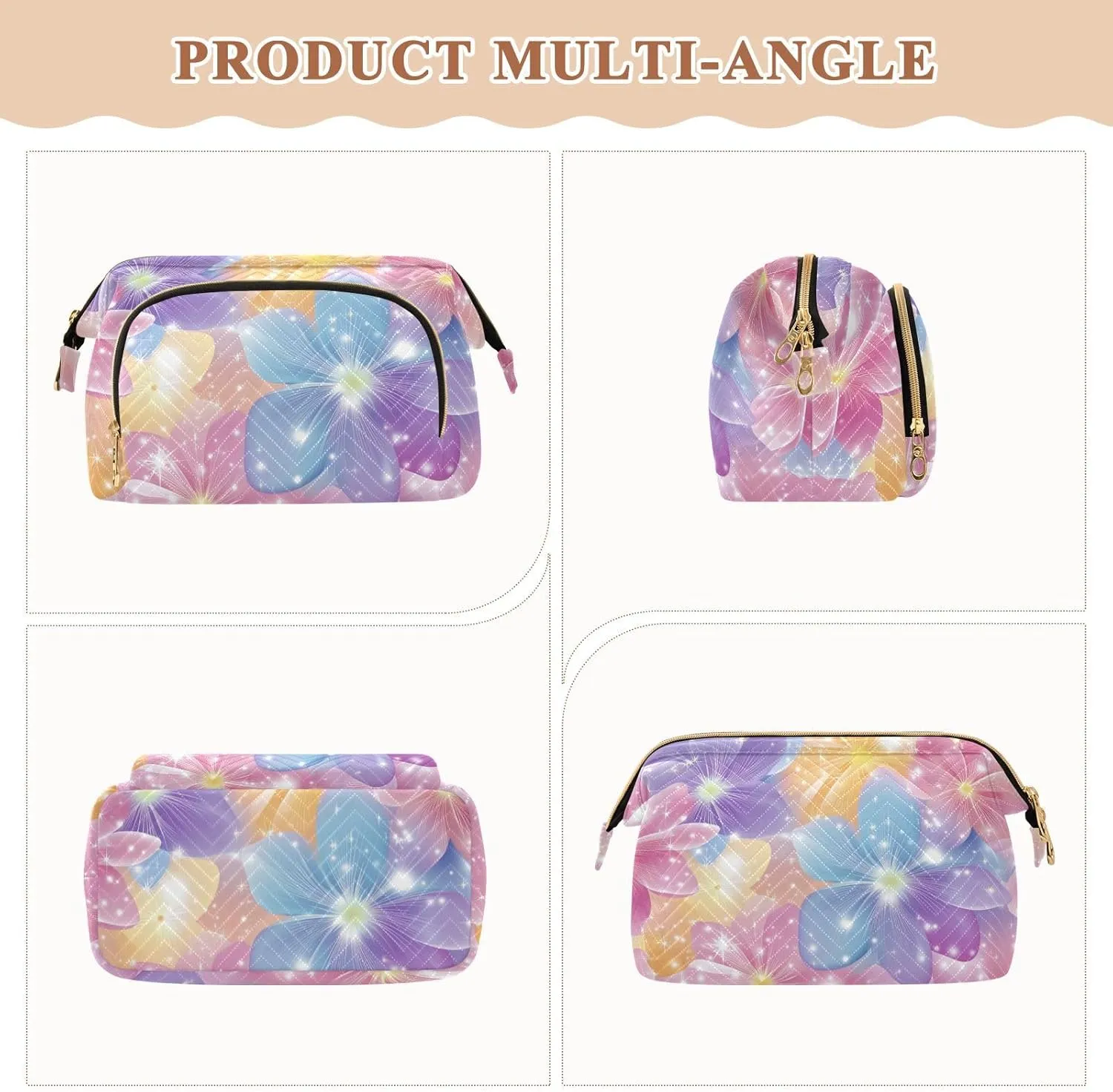 Flowers Sparkling Blue and Peach Cosmetics Bag Portable Travel Makeup Bag Women Cash Wallet for Makeup Cosmetic
