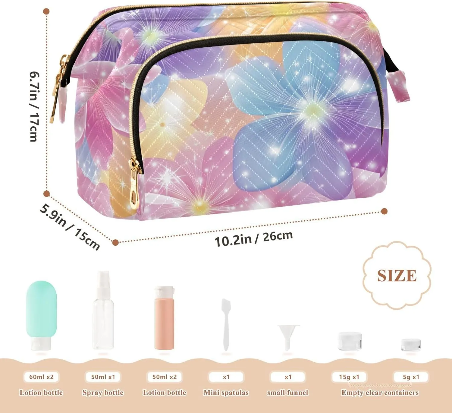 Flowers Sparkling Blue and Peach Cosmetics Bag Portable Travel Makeup Bag Women Cash Wallet for Makeup Cosmetic