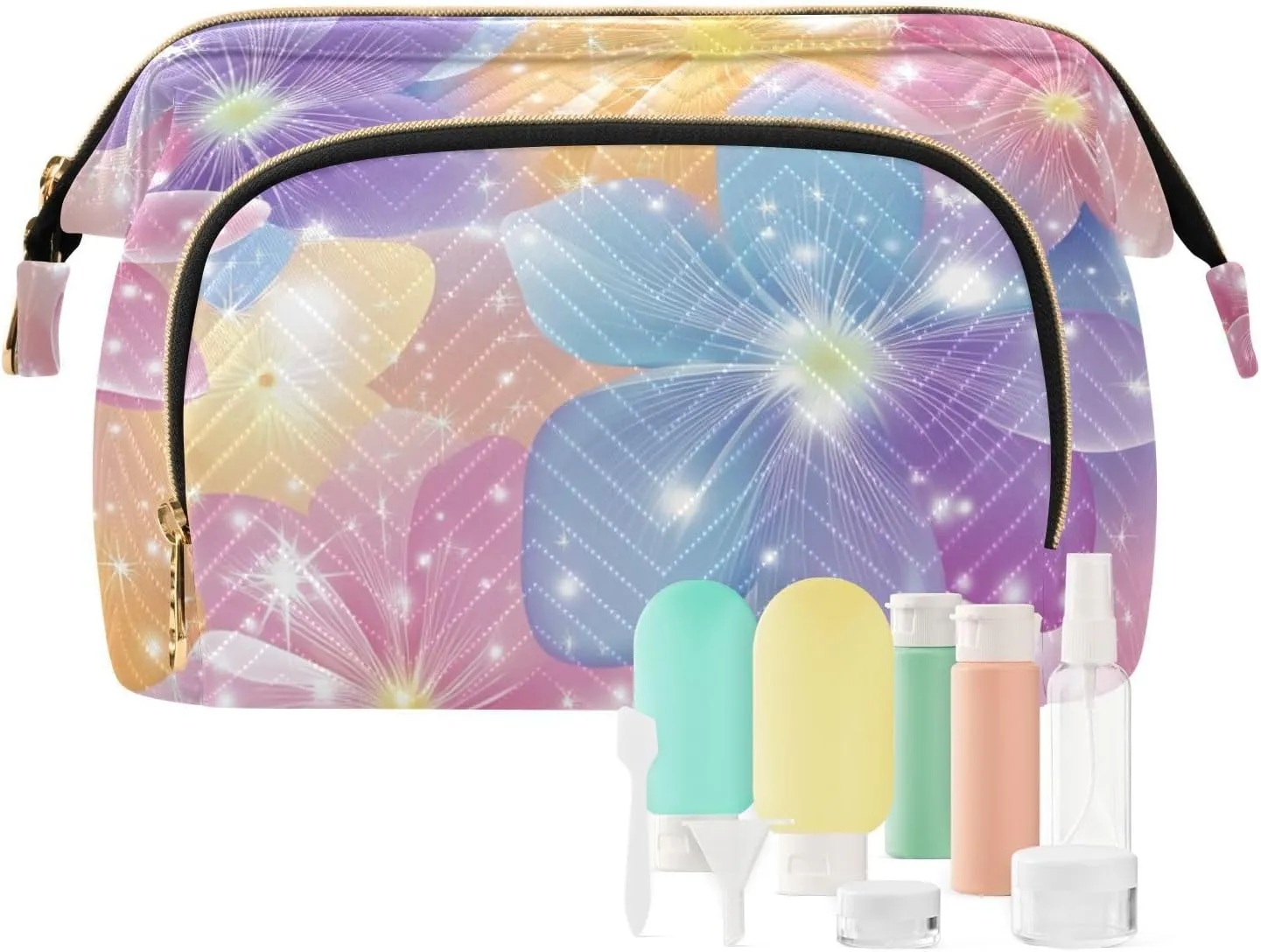 Flowers Sparkling Blue and Peach Cosmetics Bag Portable Travel Makeup Bag Women Cash Wallet for Makeup Cosmetic