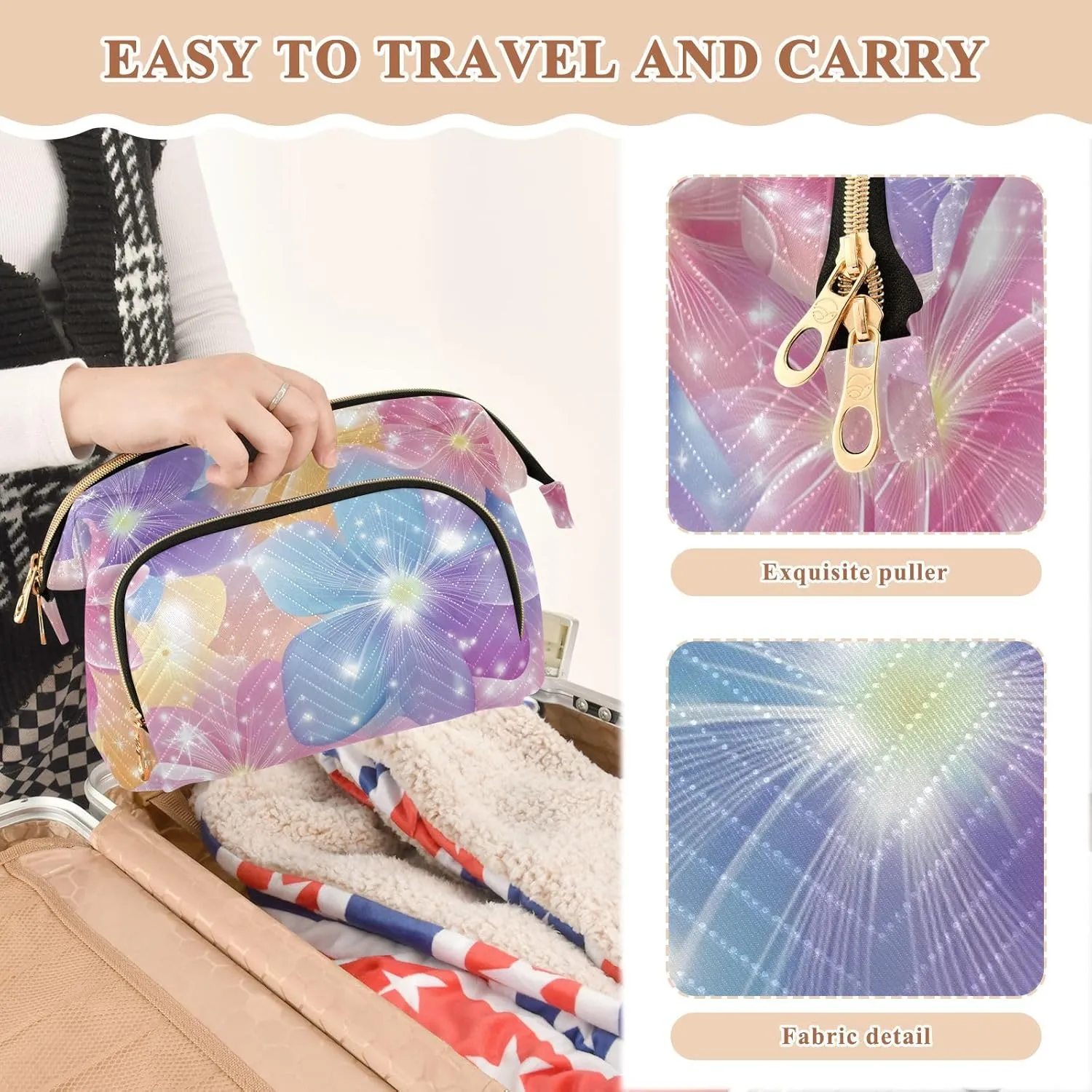 Flowers Sparkling Blue and Peach Cosmetics Bag Portable Travel Makeup Bag Women Cash Wallet for Makeup Cosmetic
