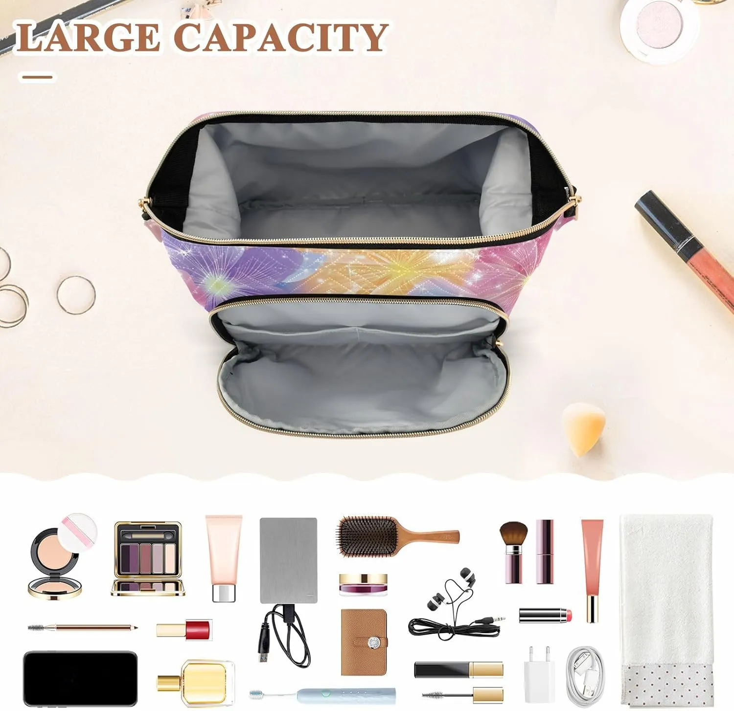 Flowers Sparkling Blue and Peach Cosmetics Bag Portable Travel Makeup Bag Women Cash Wallet for Makeup Cosmetic