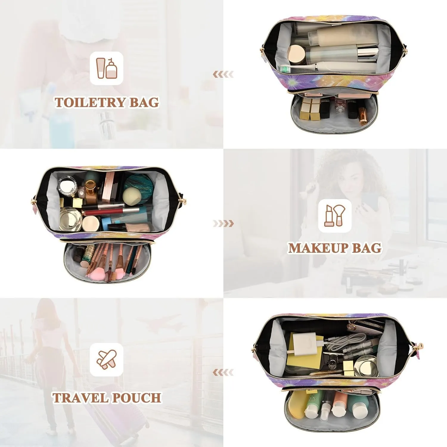 Flowers Sparkling Blue and Peach Cosmetics Bag Portable Travel Makeup Bag Women Cash Wallet for Makeup Cosmetic