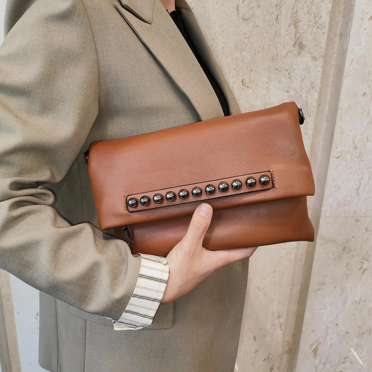 Fold-Over Women Clutch Purse Beaded PU Leather Chain Crossbody Bag Female Envelope Evening Bags