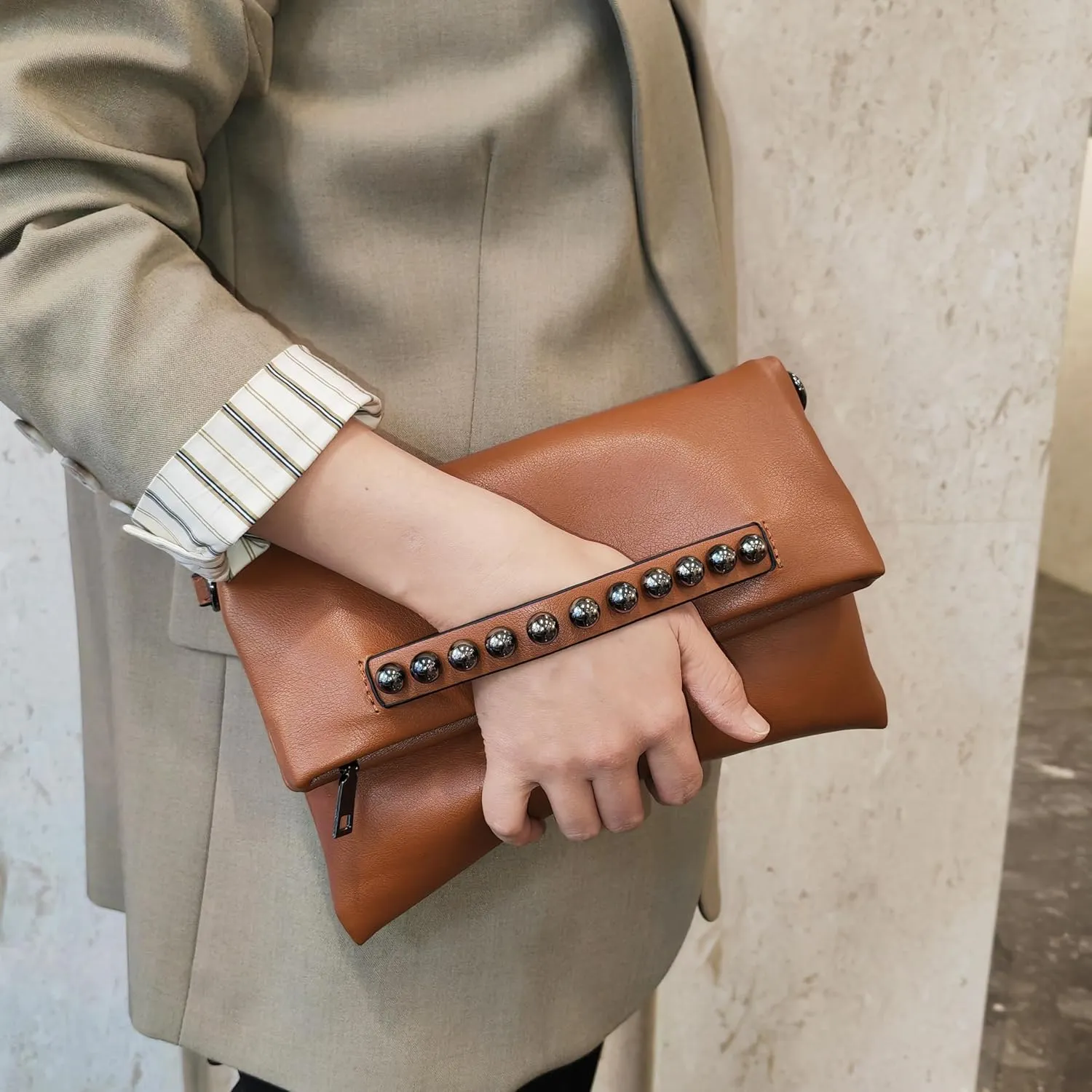Fold-Over Women Clutch Purse Beaded PU Leather Chain Crossbody Bag Female Envelope Evening Bags