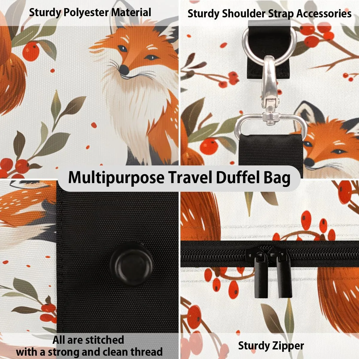 Fox Travel Duffle Bag for Women Men Gym Duffel Foldable Bag Waterproof Weekender Boho Flower Leaves Duffle Tote